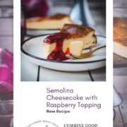 Delicious slice of semolina cheesecake with raspberry topping. Served on black and white plate.