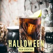 Gorgeous highball glass filled with delicious Kraken Cola. Served spookily next to a little spider on a spider web.