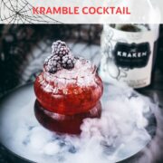 Spooky kramble cocktail, garnished with frozen blackberries and placed on a foggy plate.