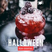 Spooky kramble cocktail, garnished with frozen blackberries and placed on a foggy plate.