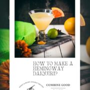 Vibrant Hemingway daiquiri, with a tart and slightly sweet flavor. Served in a gorgeous cocktail glass and placed on a marbled plate.