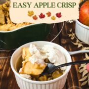 Serving bowl filled with freshly baked apple crisp topped with sour cream ice cream.