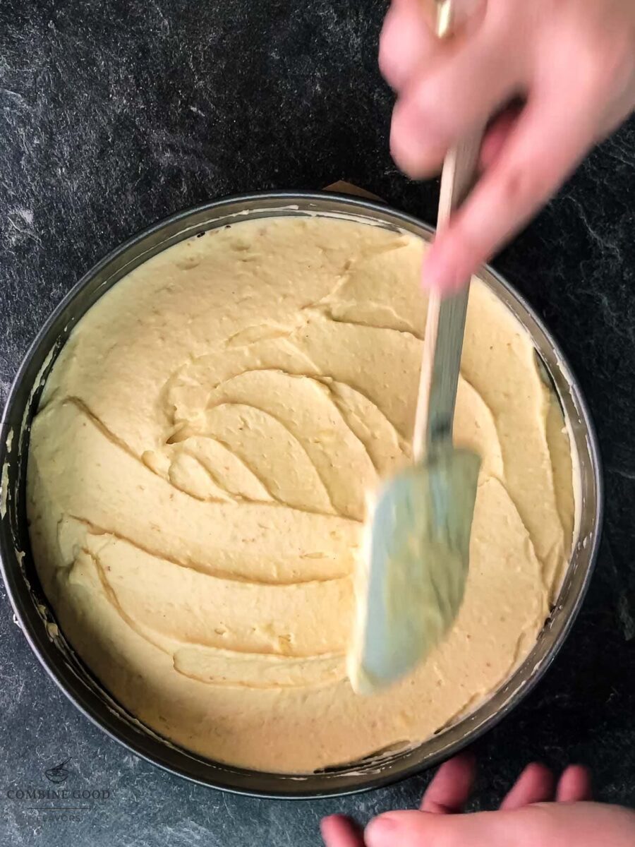 Spread the cream mixture over the chilled vanilla crescent base.