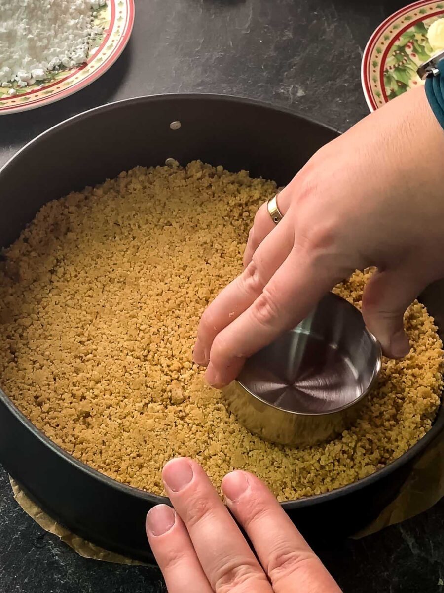 Press the mixture firmly into a springform pan.