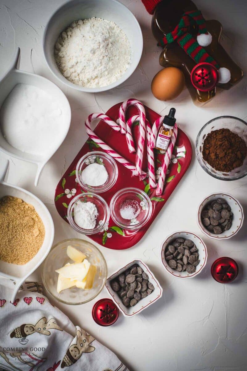 Ingredients peppermint crinkle cookies dough - flour, sugar, brown sugar, butter, peppermint oil, salt, dark chocolate, cocoa, baking soda, baking powder, egg.