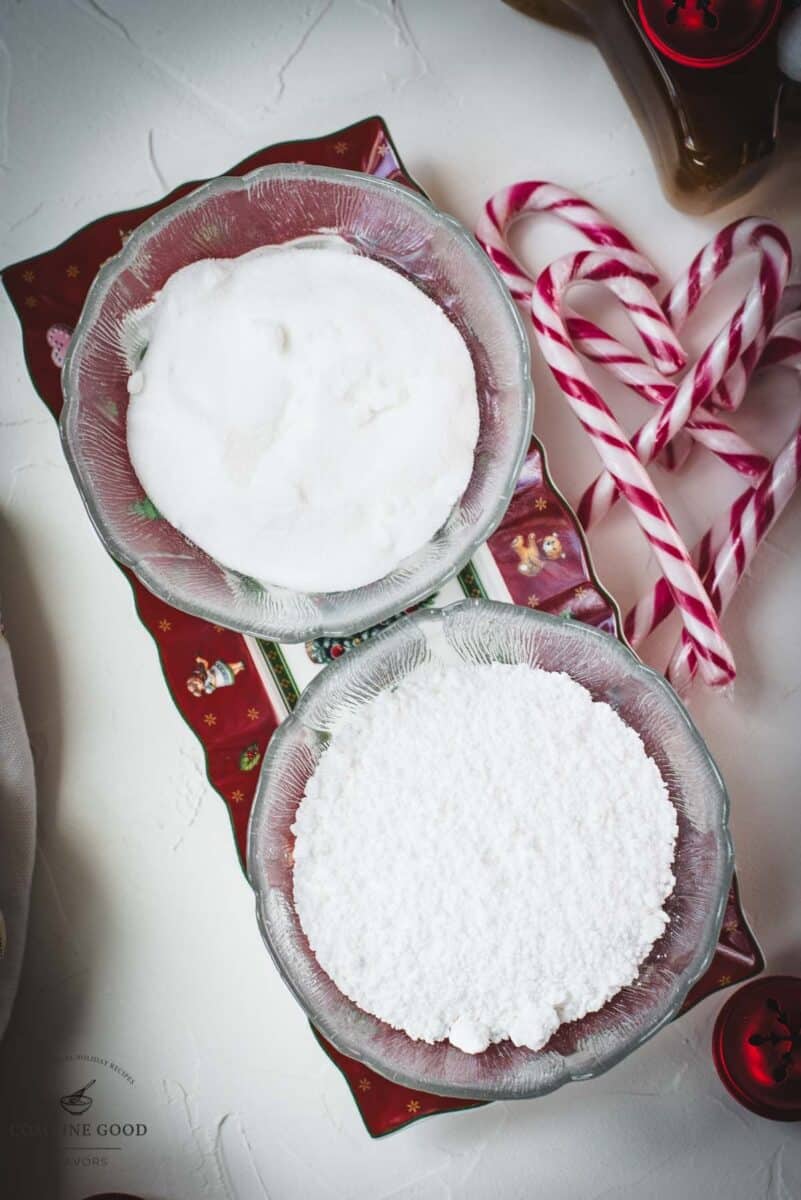 For the crinkle you'll need powdered sugar, granulated sugar, and crushed candy canes.