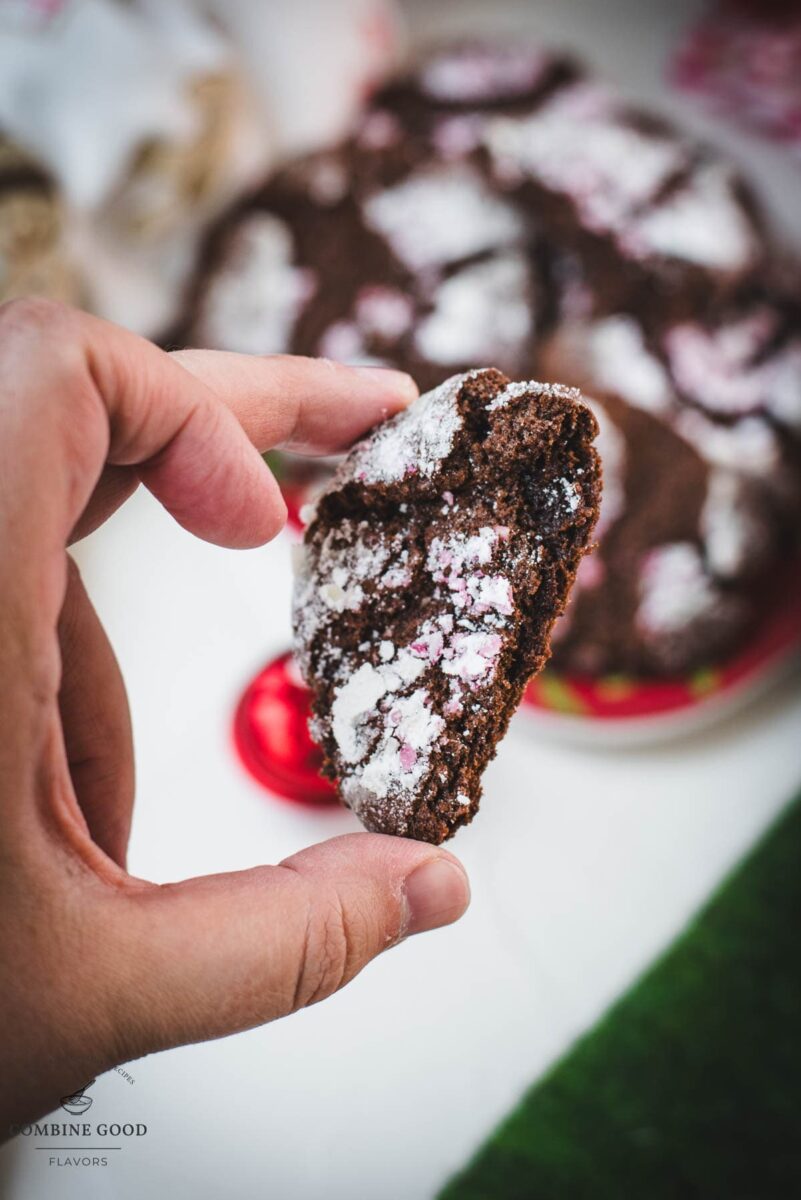 Hand holding half a peppermint crinkle cookie.