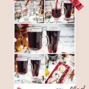 Gorgeous glasses filled with mulled placed next to Christmas decor.