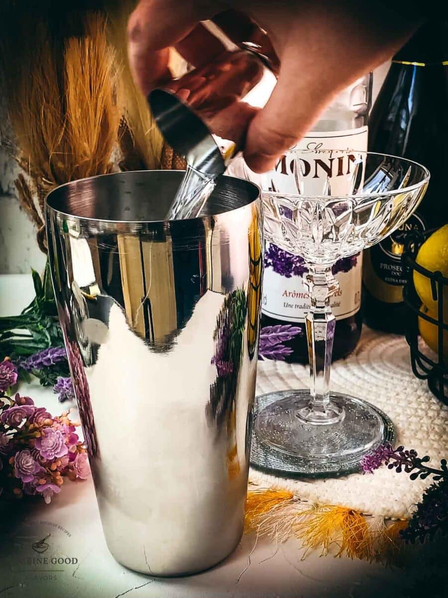 Add the gin to the cocktail shaker.