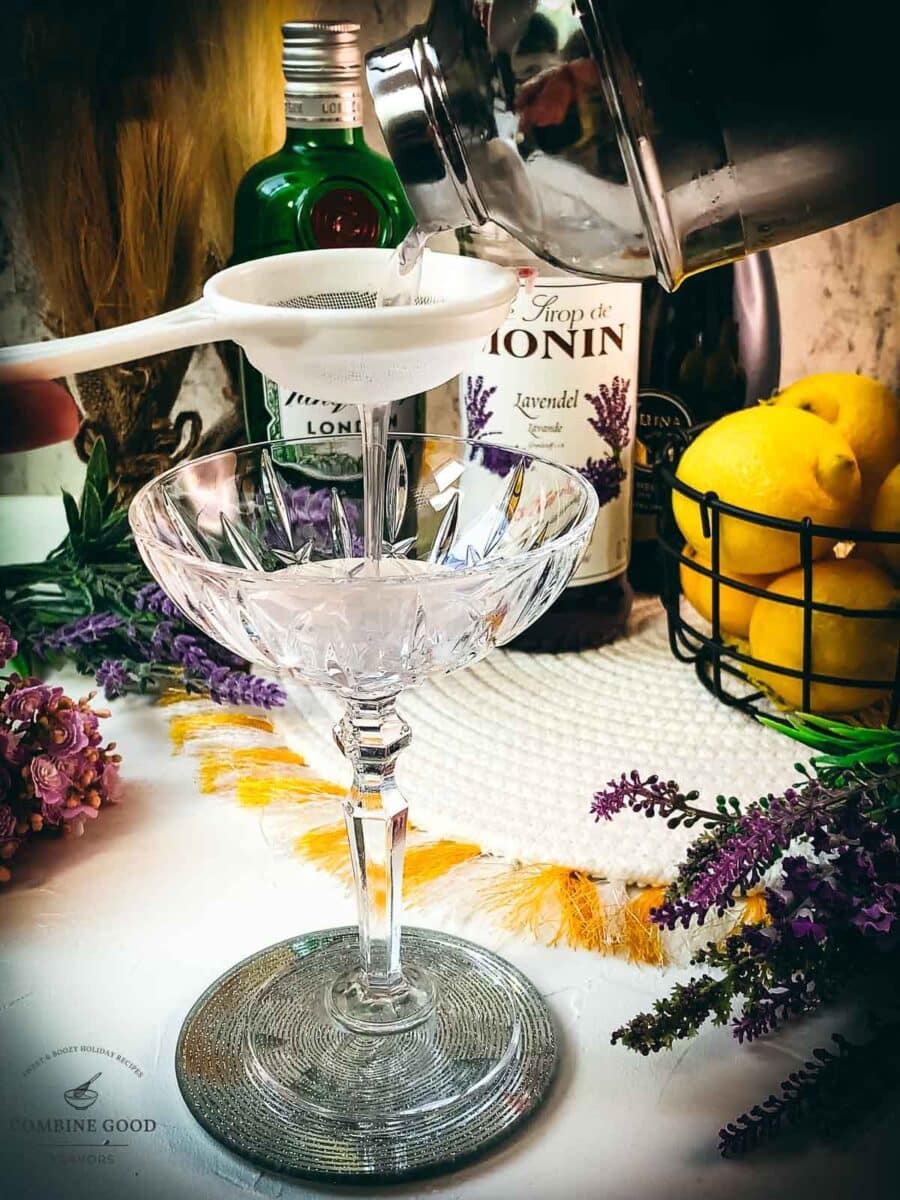 Fine strain the lavender gin mix into your cocktail glasses.