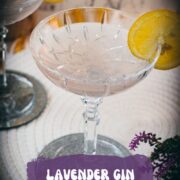 Elegant lavender gin spritz cocktail with prosecco, placed on a mirrored coaster, garnished with a lemon slice.