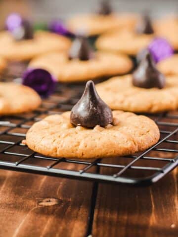 Gorgeous peanut butter blossoms made with Betty Crocker cookie mix and Hershey's dark chocolate kisses.