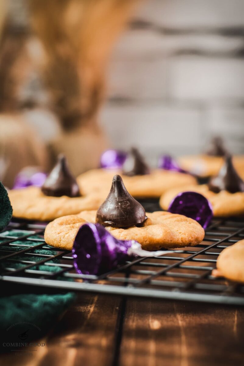 Gorgeous peanut butter blossoms made with Betty Crocker cookie mix and Hershey's dark chocolate kisses.