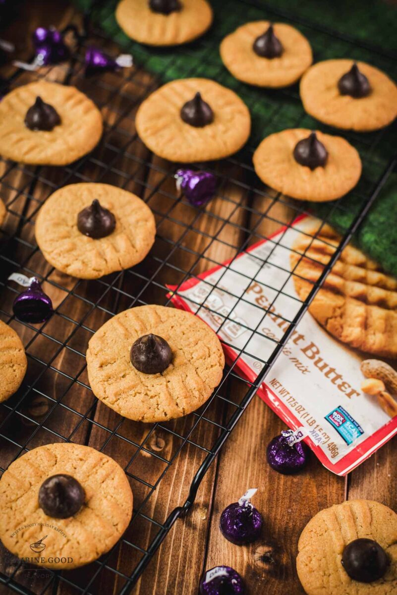 Gorgeous peanut butter blossoms made with Betty Crocker cookie mix and Hershey's dark chocolate kisses.