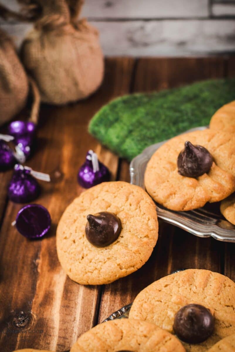 Gorgeous peanut butter blossoms made with Betty Crocker cookie mix and Hershey's dark chocolate kisses.