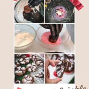 Gorgeous chocolate peppermint crinkle cookies placed on christmassy plate.