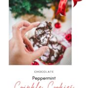 Gorgeous chocolate peppermint crinkle cookies placed on christmassy plate.