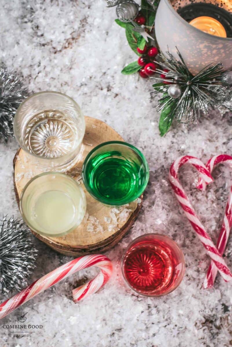 Cranberry peppermint martini ingredients - vodka, peppermint liqueur, cranberry juice, lime juice.