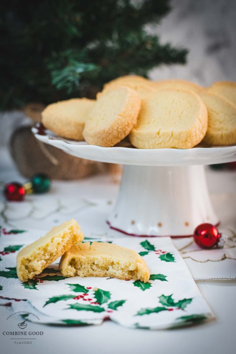 Delicious Heidesand (brown butter shortbread) cookies, placed on gorgeous cookie plate.