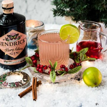 Festive cranberry gin fizz cocktail, garnished with a simple lime slice. Placed on snowy ground next to cinnamon sticks and a bottle of Hendricks Flora Adora Gin.