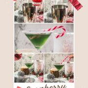 Festive cranberry peppermint martini in sugar rimmed martini glass. Garnished with a candy cane, placed on snowy ground.