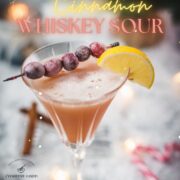 Festive cranberry cinnamon whiskey sour in gorgeous glass, placed on ice ground next to cinnamon sticks and candy canes.