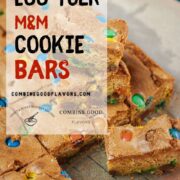 Delicious M&M cookie bars on parchment paper.