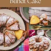 Gorgeous six egg yolk bundt cake, dusted with powdered sugar, and placed on white plate.