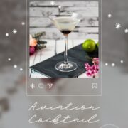 Elegant cocktail glass filled with a delicious aviation cocktail and garnished with a maraschino cherry. Placed on a black slate plate.