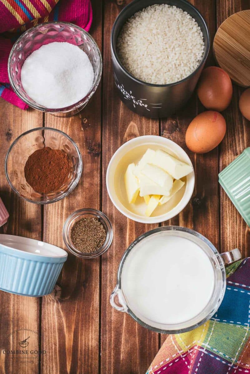 Ingredients marbled baked rice pudding - rice, butter, cocoa, vanilla sugar, milk, eggs.