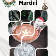 Festive chocolate martini with a white chocolate snowflake garnish, placed on mirrored coaster next to a Santa clause figurine.