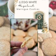 Delicious hazelnut meringue cookies placed on green christmassy plate, next to a coffee mug.