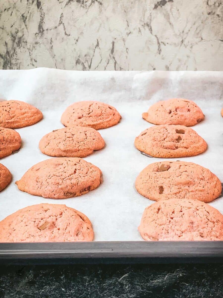 Pink cookies after baking.