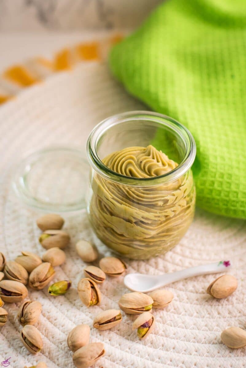 Preserving glass filled with scrumptious white chocolate pistachio ganache.