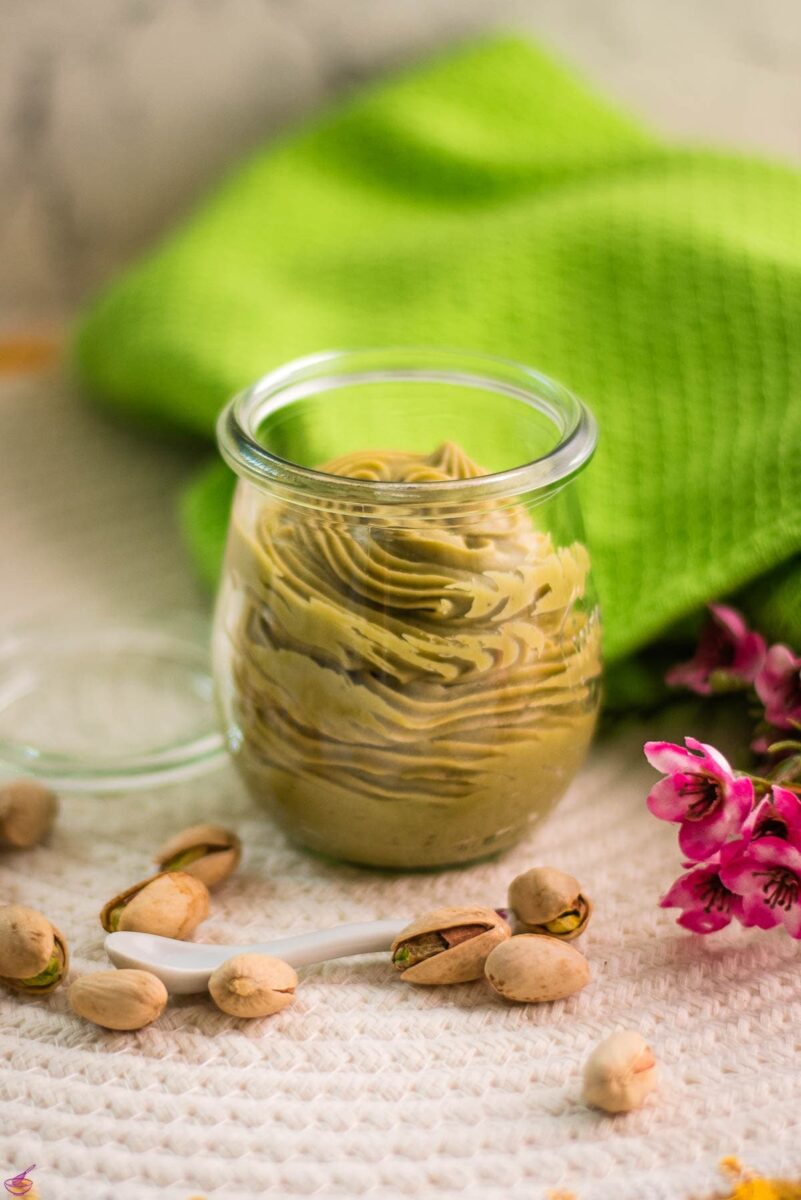 Preserving glass filled with scrumptious white chocolate pistachio ganache.