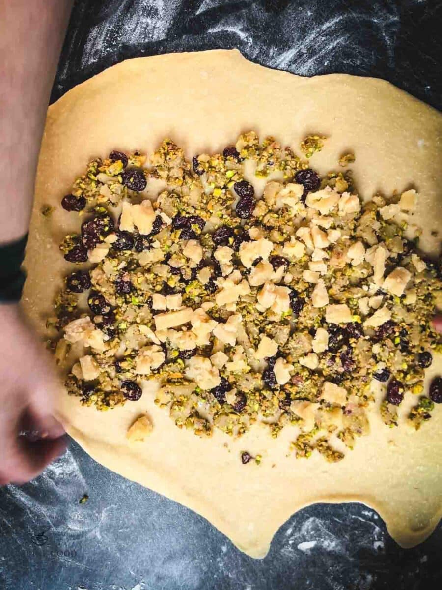 Divide the filling evenly onto the rolled out dough.