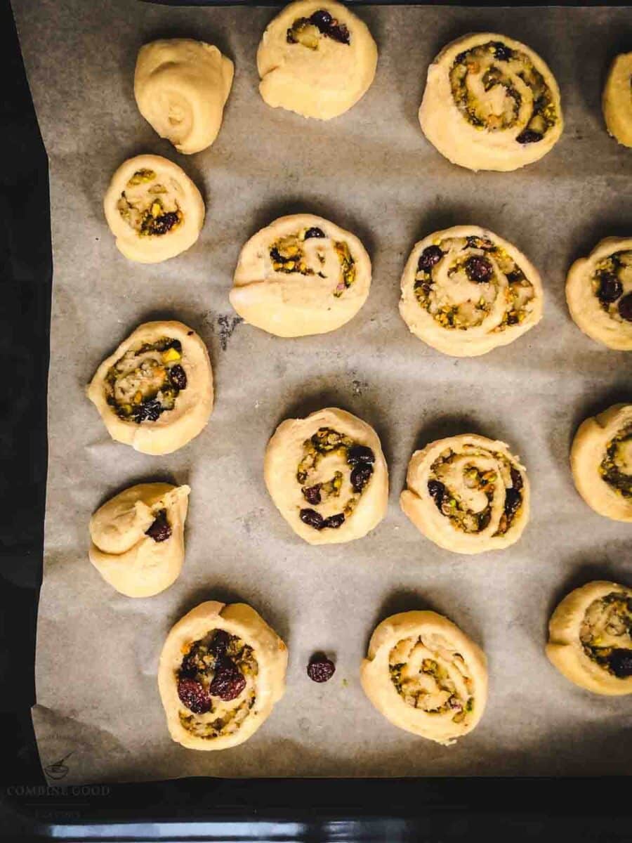 Mini pistachio sweet rolls prior baking.