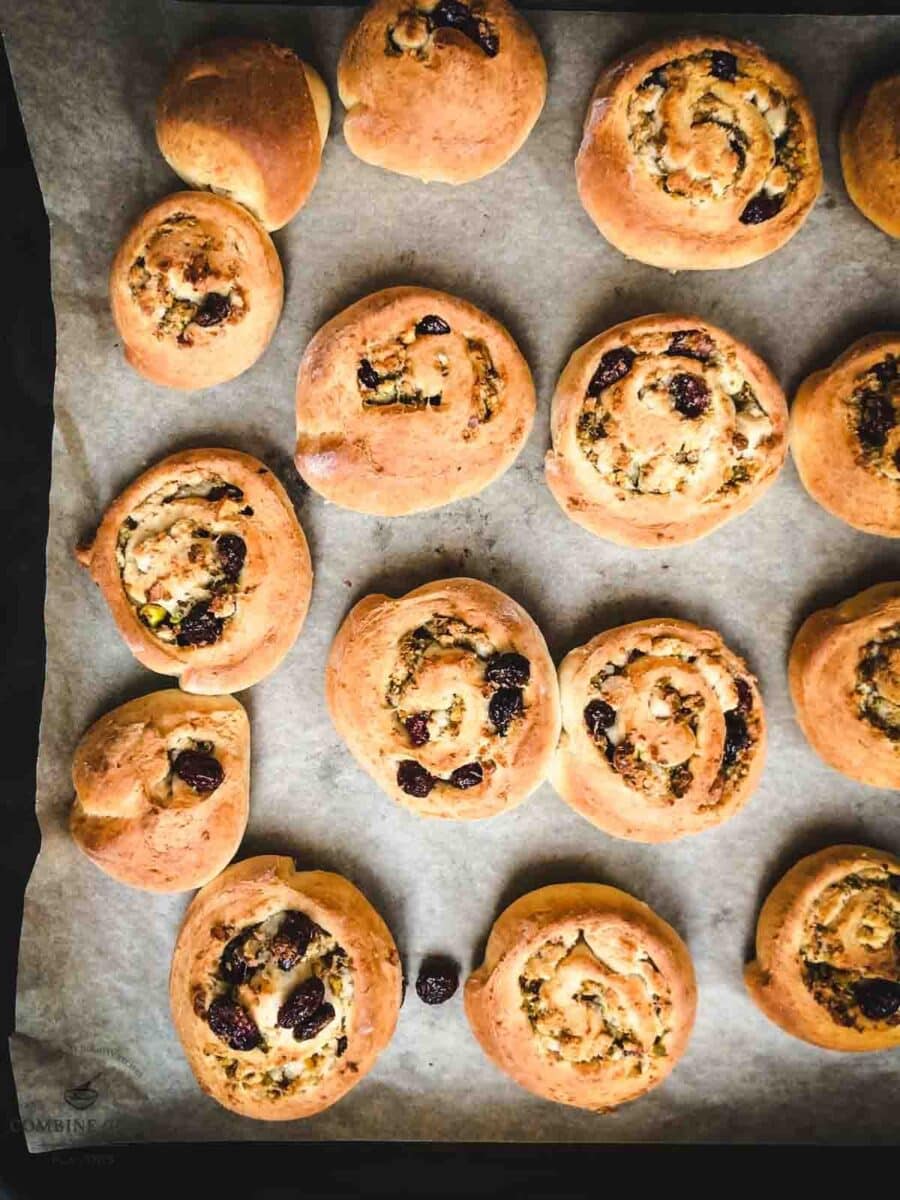 Mini pistachio sweet rolls after baking.