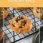 Delicious, mini pistachio sweet rolls on cooling rack.