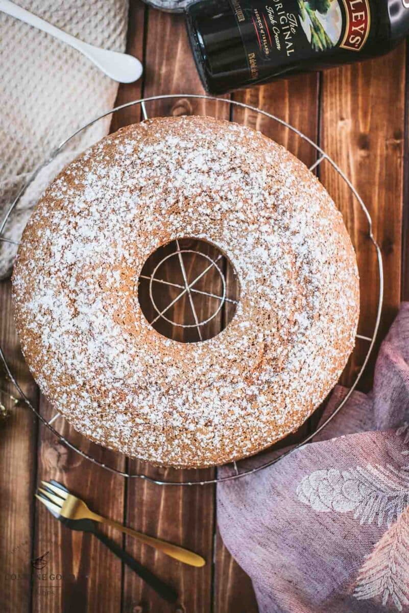 Boozy, fluffy Bailey's Irish cream bundt cake. Perfect with tea or coffee.