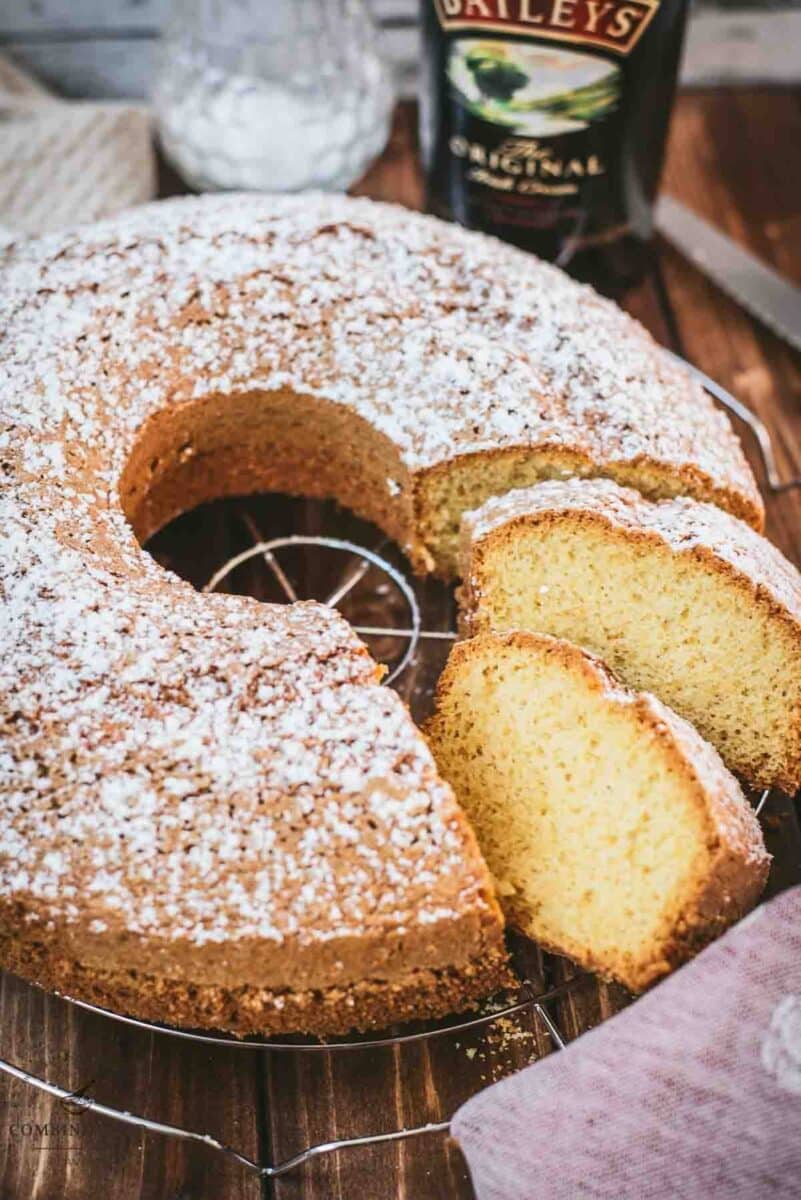 Boozy, fluffy Bailey's Irish cream bundt cake. Perfect with tea or coffee.