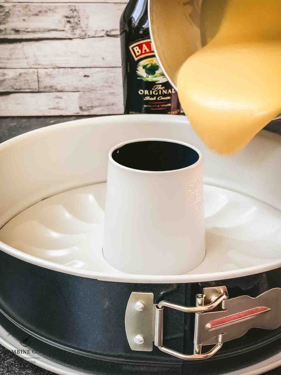 Pour the cake batter into the prepared bundt pan.