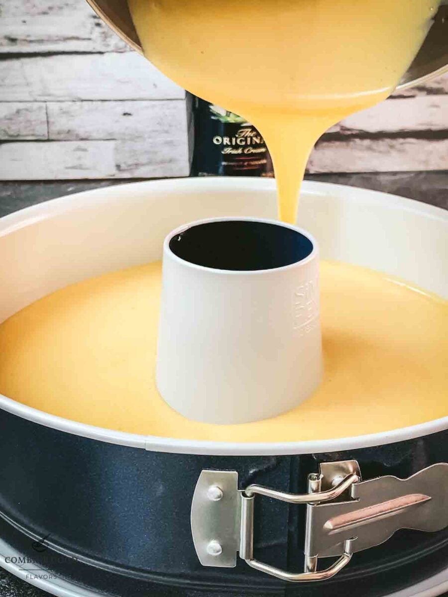 Pour the cake batter into the prepared bundt pan.