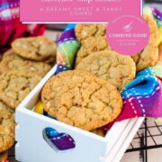 Soft, chewy and sweet strawberry cookies with white chocolate chips placed in a gorgeous white wooden crate.