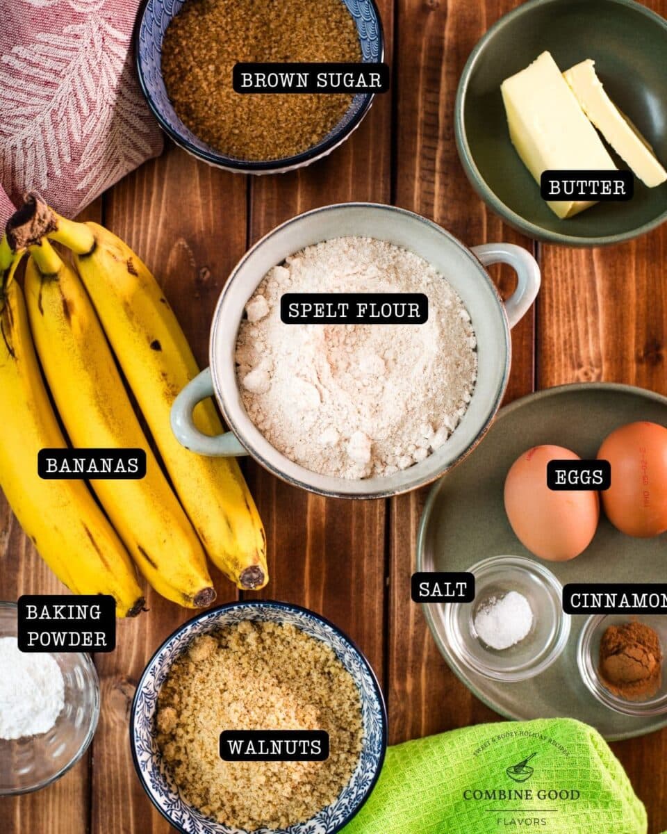 Brown sugar banana bread ingredients - brown sugar, butter, spelt flour, eggs, salt, cinnamon, bananas, baking powder, walnuts.