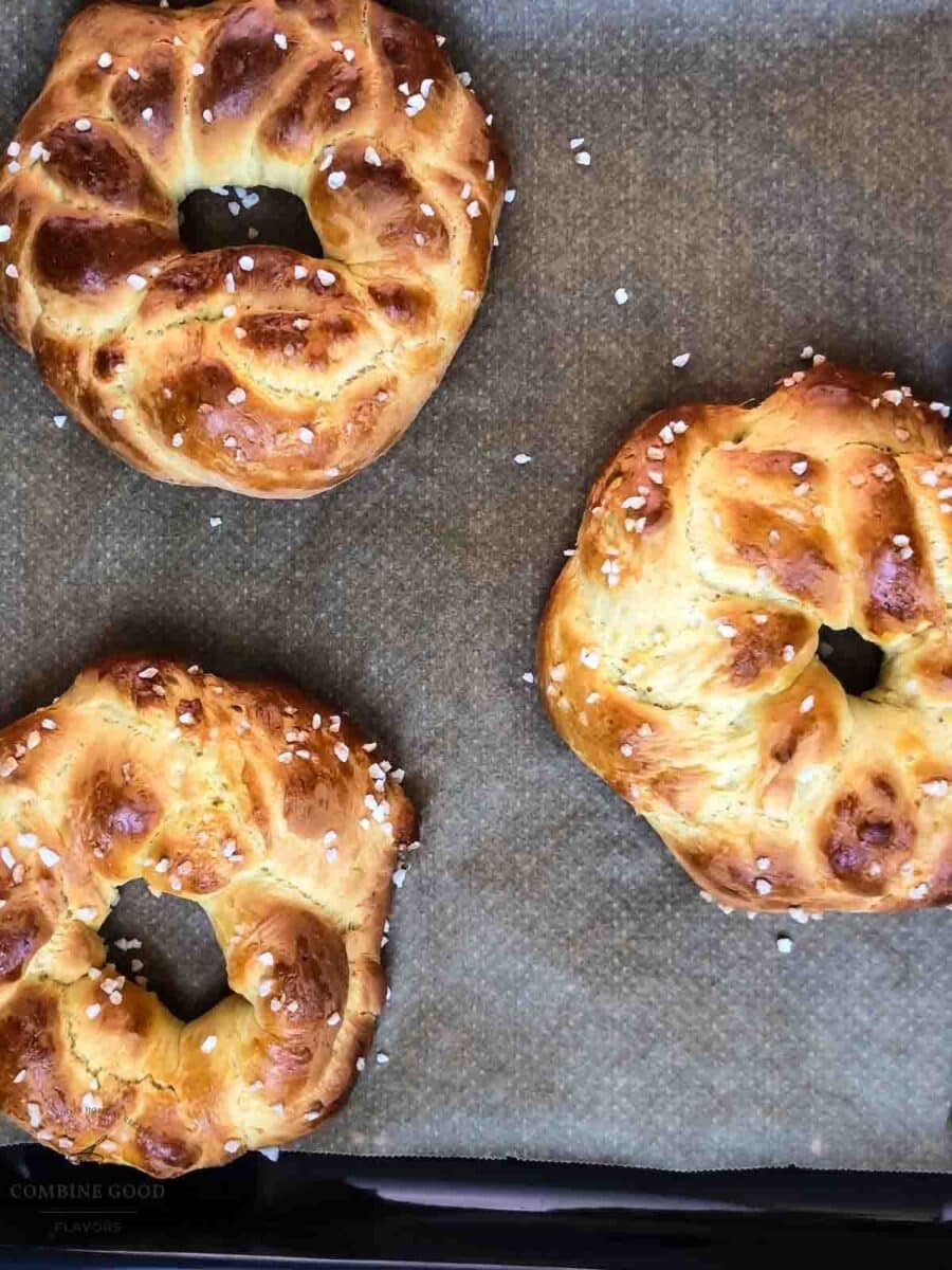 Delicious golden brown baked braided Easter bread wreaths after baking