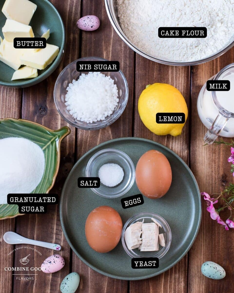 Ingredients braided Easter bread wreath - butter, cake flour, nib sugar, lemon, milk, granulated sugar, salt, eggs, yeast