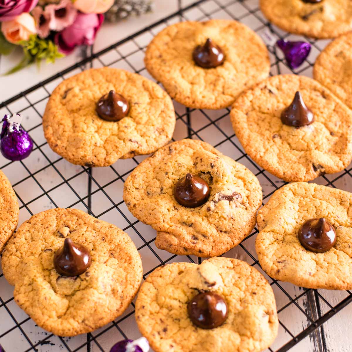 Delicious Hershey's Dark Chocolate Chip Cookies on cooling rack..
