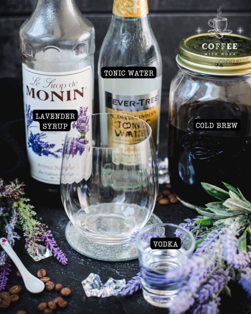 Ingredients - lavender cold brew tonic - vodka, cold brew, tonic water, lavender syrup.