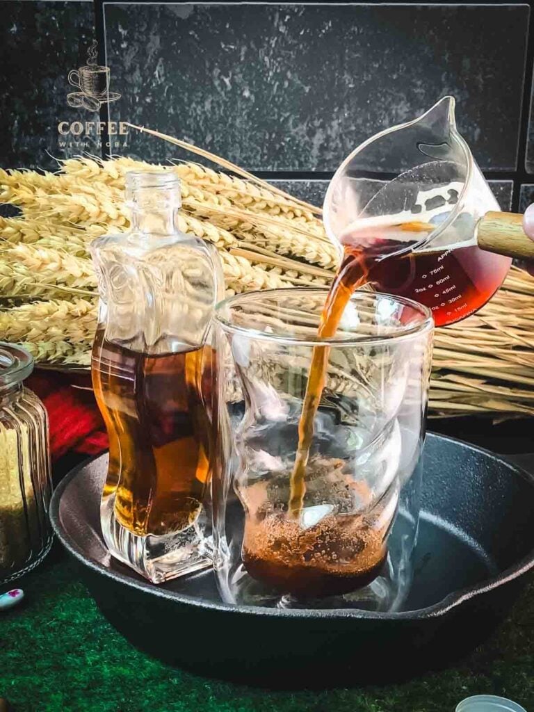 Pour the Espresso into the brown sugar simple syrup, salt and cinnamon mixture.